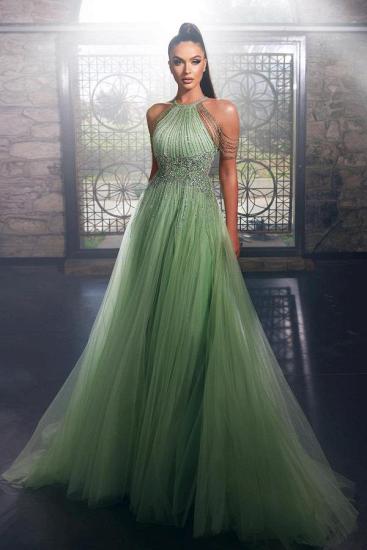 Halter sparkle green tulle keyhole floor lenth prom dress_1