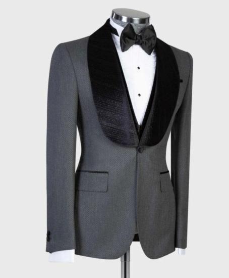Gray One Button Stylish Wedding Suits With Black Shawl Lapel_3