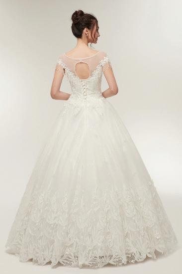 A-line Cap Sleeves Scoop Floor Length Lace Appliques Wedding Dresses with Crystals_7