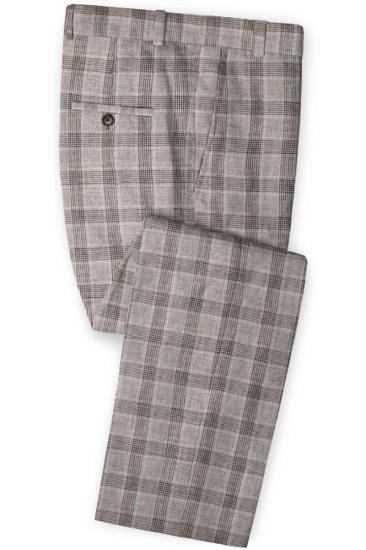 Khaki Linen Groom Mens Suit Online | Fashion Plaid Two Piece Tuxedo_3