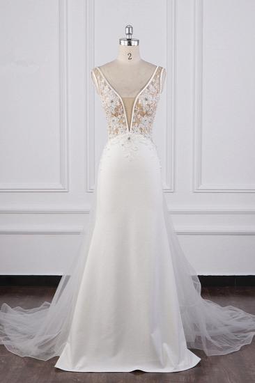 Bradyonlinewholesale Chic Sheath White Satin V-neck Wedding Dress Tulle Lace Appliques Bridal Gowns Online_1