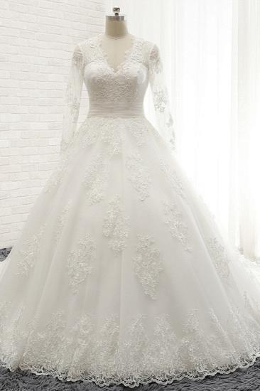 Bradyonlinewholesale Affordable V neck Longsleeves Tulle Wedding Dresses A line Lace Bridal Gowns With Appliques On Sale