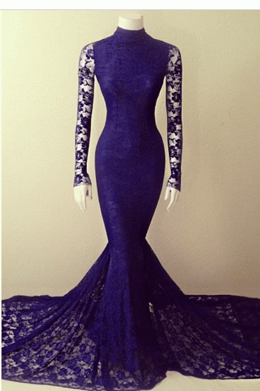 Purple Lace Sexy Party Dresses Long Sleeve High Collar Evening Gowns_2