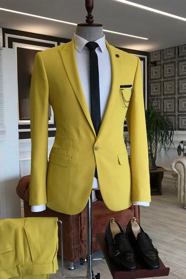 Solomon Yellow Pointed Lapel One Button 3 Flaps Prom Mens Suit_2
