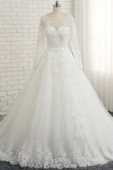 Bradyonlinewholesale Modest Jewel Longsleeves White Wedding Dresses A-line Tulle Ruffles Bridal Gowns On Sale_6