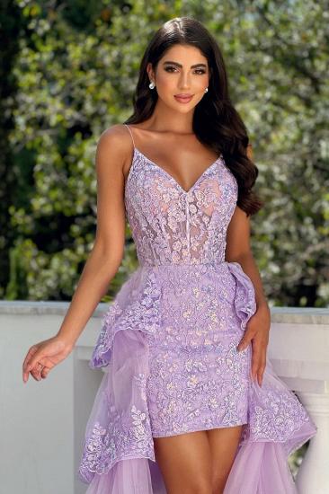 Lilac Evening Dresses Short Front Long Back Lace Prom Dresses Glitter_5