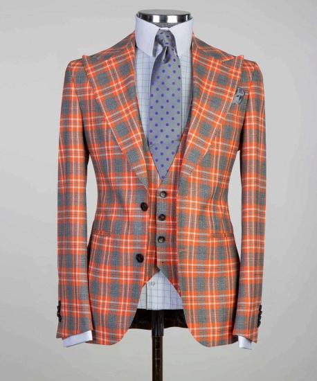 Grant Orange Plaid Three Pieces Peaked Lapel Men Suits_6