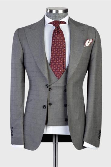 Fashion Grey Plaid Three-Piece Point Lapel Business Men Suits_1