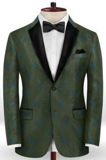 Mens Dark Green Printed Suit |  Custom Prom Suit Mens Black Lapel Suit
