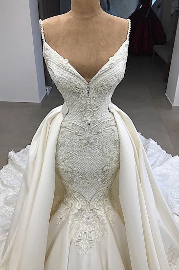 Spaghetti Straps Lace Fit and Flare Wedding Dresses Overskirt |  Appliques Detachable Satin Backless Bridal Gowns_2