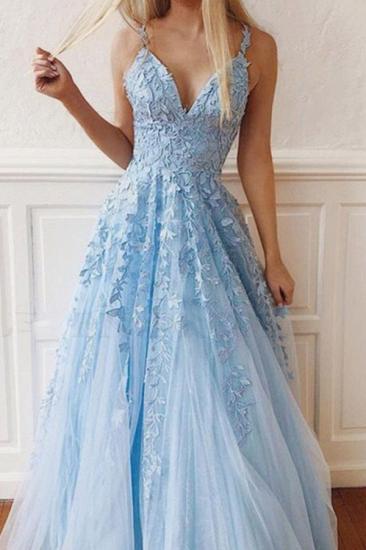 Sky Blue Lace Prom Dresses Deep V Neck A Line Long Party Elegant Floor Length Women Evening Gowns_2