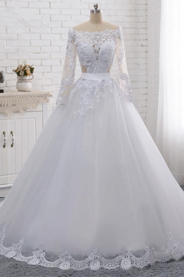 Bradyonlinewholesale Stylish Off-the-Shoulder Long Sleeves Wedding Dress Tulle Lace Appliques Bridal Gowns with Beadings On Sale