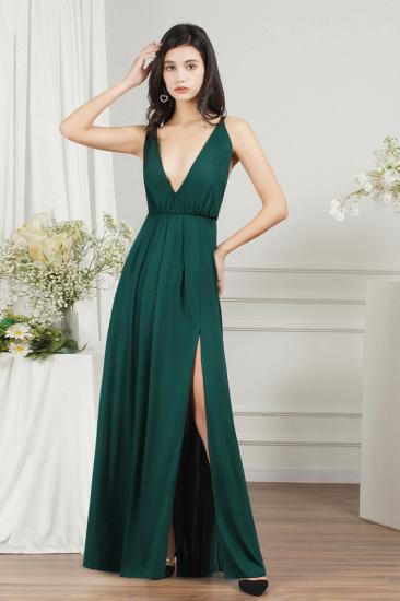 Dark Green V-Neck Side Slit Floor Length Prom Dresses | Evening dresses long V neckline_2