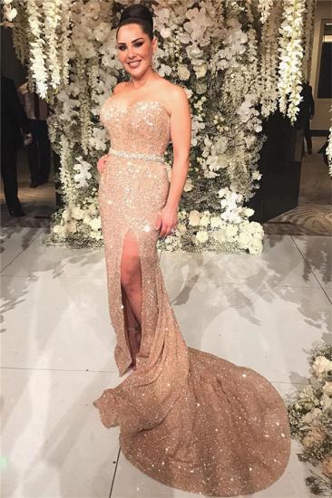 Sexy Champagne Gold Sequins Prom Dresses Cheap | Beads Belt Sexy Split Formal Evening Gowns