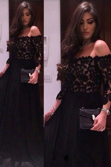 Black Lace A-line Off The Shoulder Evening Dresses Sleeves Cheap Prom Dress_1