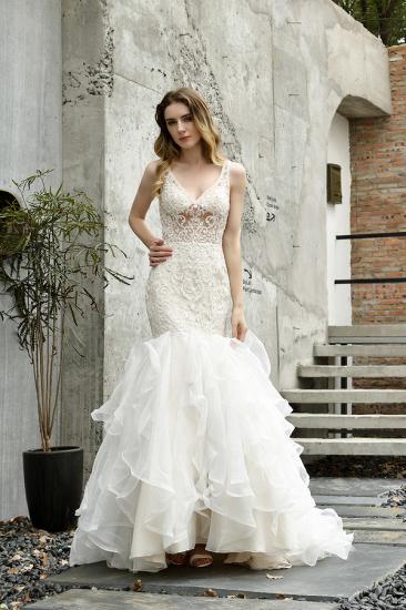 Sexy See-through Lace Mermaid Lace Sleeveless Ivory Wedding Dress with Ruffle Train_1