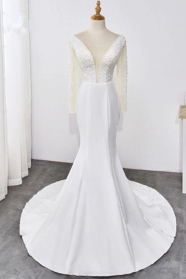 Bradyonlinewholesale Simple Satin Mermaid Jewel Wedding Dress Tulle Lace Long Sleeves Bridal Gowns On Sale
