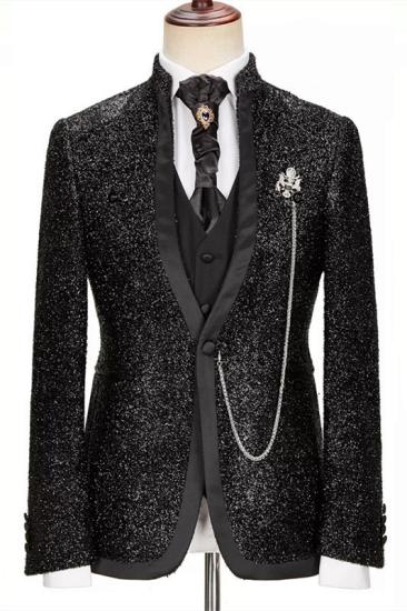 Black Dazzling Stand Collar Stylish Three-Piece Prom Suit_1