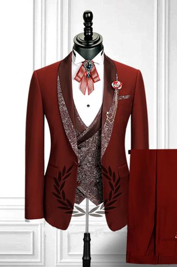 Red 3 Piece Stitching Lapel Stylish Double Breasted Waistcoat Mens Formal Suit_1