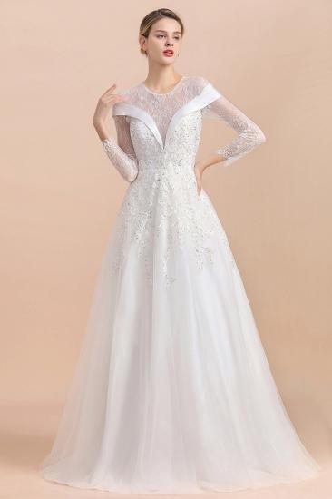 Modest White Beaded Appliques Long Sleeves Round neck Floor length Lace Wedding Dress_4