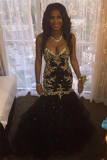 Tulle Sweetheart Mermaid Sexy Beaded Black Popular Appliques Gold Prom Dresses