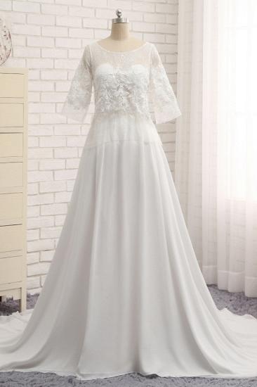 Bradyonlinewholesale Modest Halfsleeves White Jewel Wedding Dresses Chiffon Lace Bridal Gowns With Appliques On Sale