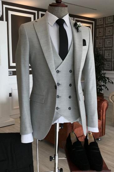 Mens Formal Light Grey 3 Piece Notched Lapel Double Breasted Vest Business Suit_1