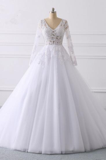 Bradyonlinewholesale Elegant V-Neck Long Sleeves Wedding Dress White Tulle Lace Appliques Bridal Gowns On Sale_1