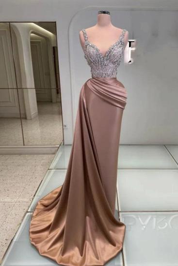 Charming V-Neck Long Satin Prom Dress Glitter Sequins Sheath Evening Gown_1