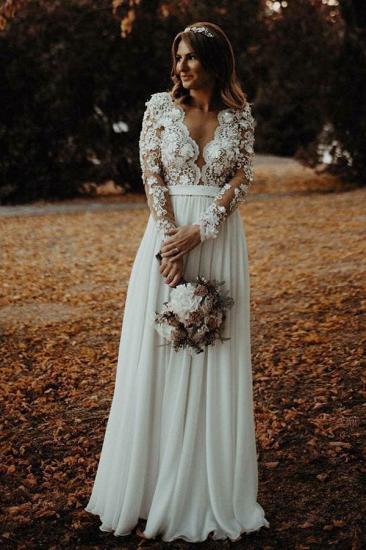 Charming Long Sleeve Lace Applique Front Split Bridal Gowns|Long V-Neck Wedding Dress_2