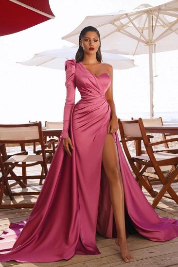 One Shoulder Satin Side Split Evening Maxi Gowns with Sweep Train_4