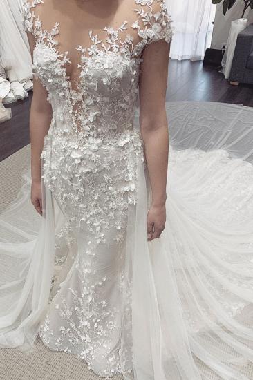 Unique Illusion neck See-through Lace Wedding Dress with Court Train_3