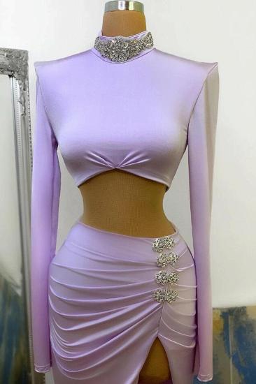 Long Sleeves Two Piece Slim Long Party Dress Ruches Crystals Beaded Evening Gown_2