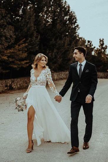 Charming Long Sleeve Lace Applique Front Split Bridal Gowns|Long V-Neck Wedding Dress_3