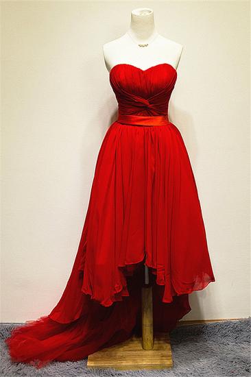 Chiffon Hi-lo Sweetheart Red Sexy Evening Dress Ruffle Unique Sweep Train Tiered Lace-up Dresses for Women_1