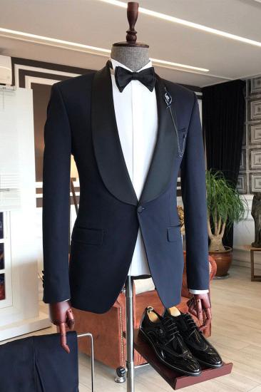 Fashion Shawl Lapel 3 Piece Navy Blue Slim Fit One Button Wedding Mens Suit_2