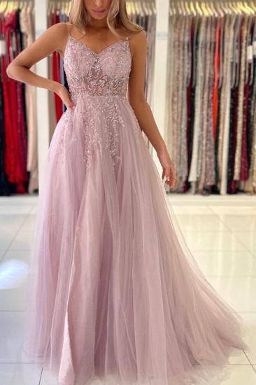 Luxurious Pink Spaghetti Strap Glitter Split Long Evening Dress | Glitter Spaghetti Strap Prom Dress
