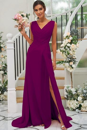 Long V-Neck Evening Dress | Pleated Split Chiffon Prom Dress Simple_31