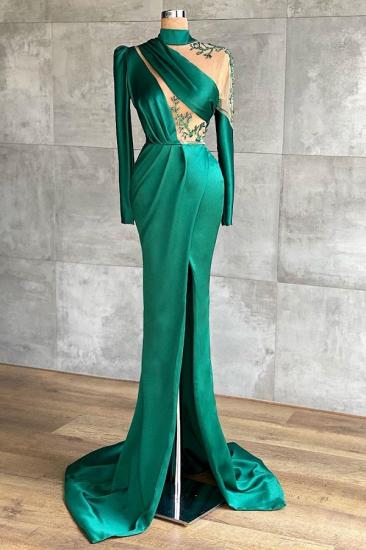 Dazzling Long Sleeveles Satin Mermaid Evening Dress Side Split Floral Lace Appliques_1