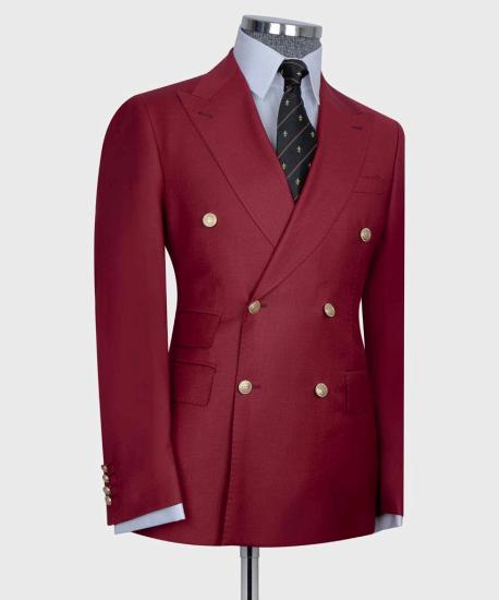 Red Double Breasted Point Collar Tailored Men's Prom Suit_3