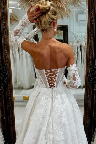Strapless Lace up Appliques Lace A-Line Wedding Dresses with Train_3