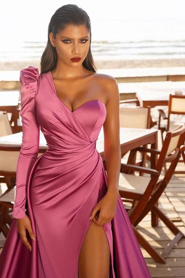 One Shoulder Satin Side Split Evening Maxi Gowns with Sweep Train_3