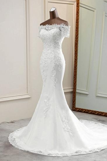 Bradyonlinewholesale Gorgeous Off-the-Shoulder Lace Mermaid Wedding Dresses Short Sleeves Rhinestons Bridal Gowns_4