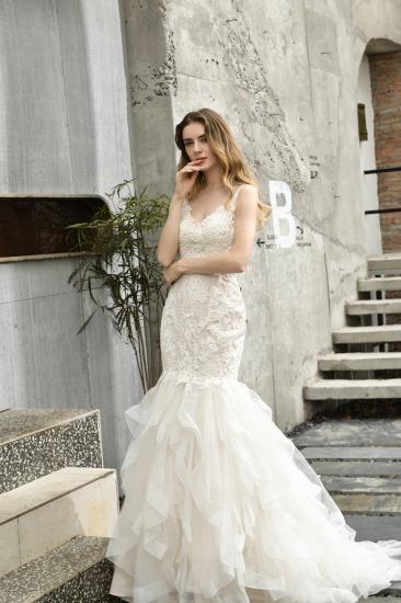 Luxury Mermaid Ivory V-neck Spring Lace Wedding Dress with Ruffles Train_7