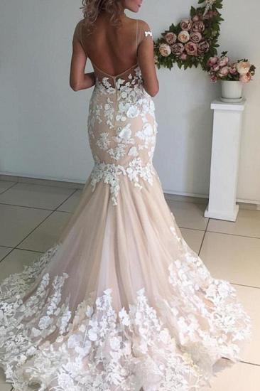 Champagne Pink Lace Appliques Wedding Dresses | Short Sleeves Mermaid Backless Bridal Dress Cheap_2