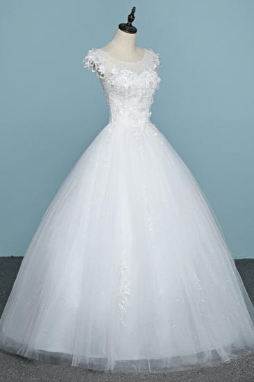 Bradyonlinewholesale Chic Jewel Tulle Lace White Wedding Dress Sleeveless Appliques Bridal Gowns with Flowers Online_3