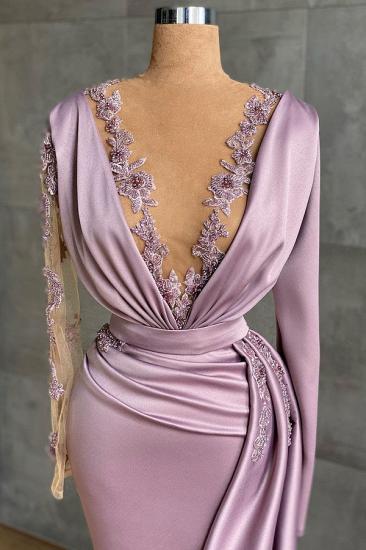 Charming lilac long sleeve Mermaid Prom Dress Satin deep V-neck evening dress with side tail_2