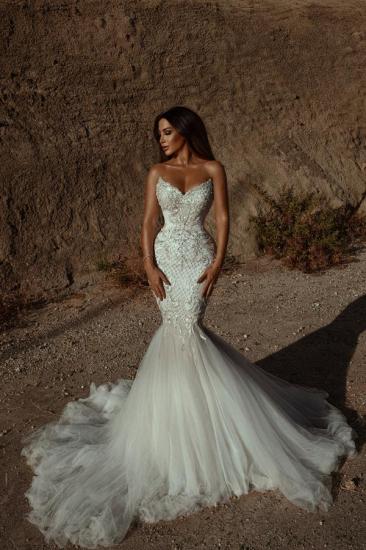 Stunning Sweetheart Beaded Mermaid Wedding Dress Sleeveless Tulle Bridal Dress_1