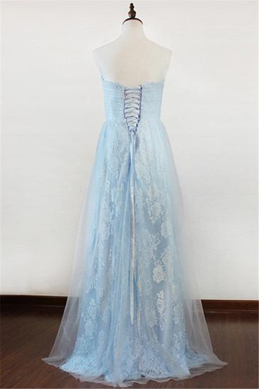 Ice Blue Strapless Lace Applique Prom Dresses Elegant Sweep Train Sheath Homecoming Dresses_2