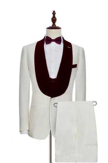 Velvet Shawl Collar White Wedding Tuxedo |  Burgundy Tank Top Three Piece Wedding Dress_1